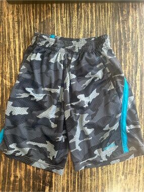 Kids Black & Gray Camo Athletic Shorts with Teal Trim
